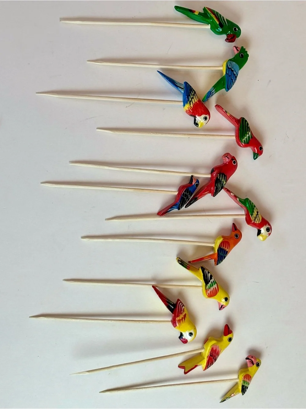 Hand-Painted Wooden Parrot Cocktail Picks with Bamboo Holder Set of 12 Tropical